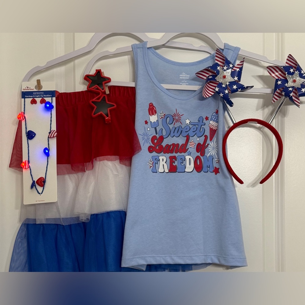 Patriotic Girl's 6 PIECE LOT Tank Skirt Headband Sunglasses Jewelry 10-12 NEW